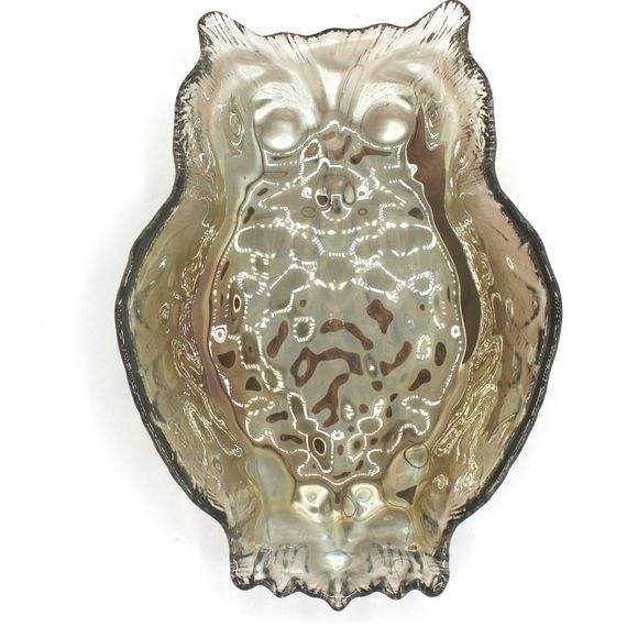 Vintage Glass Iridescent Opalescent Bronze Owl Shaped Candy Dish | Trinket Dish - Picture 1 of 5